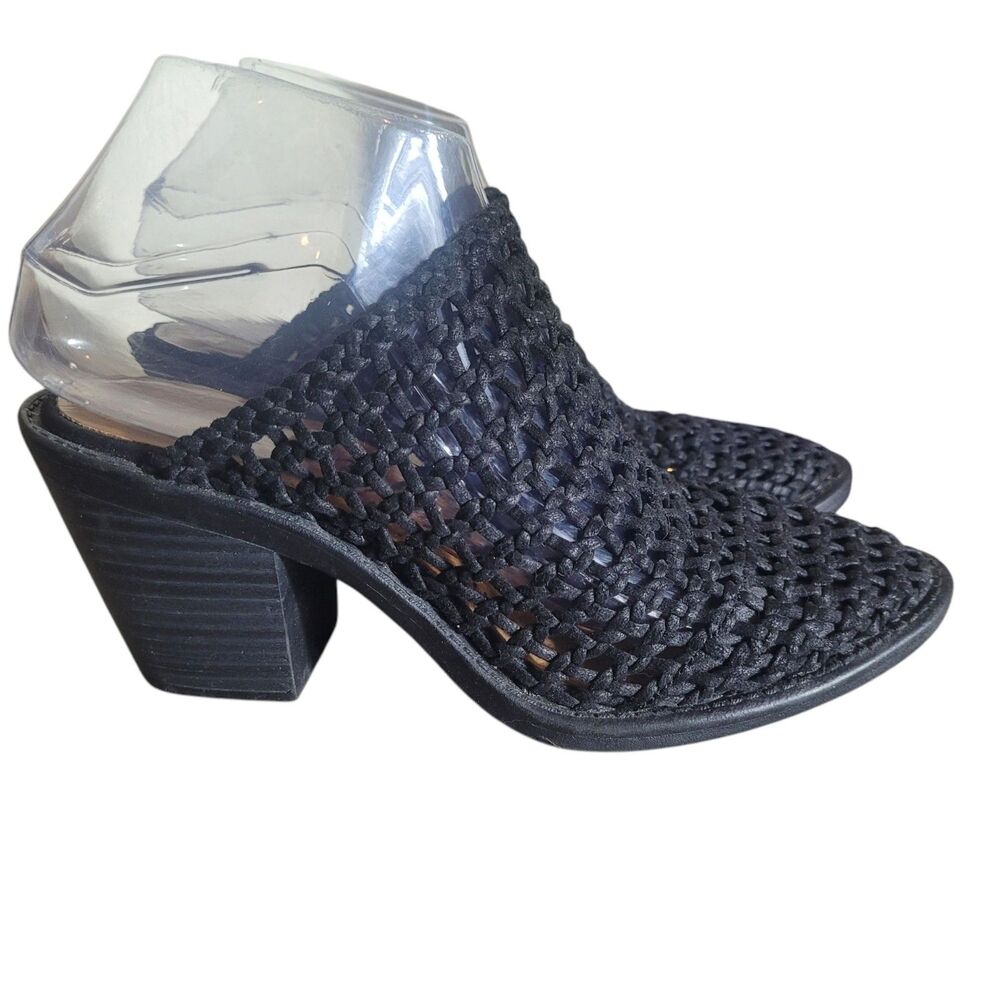 Blowfish Leoh Woven Mules Women's 7.5‎ Black Crochet Heeled Shoes Boho Festival